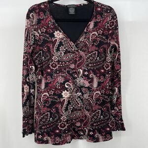 George Size M Y2K Paisley Top Boho Blouse Vamp Goth Long Ruffle Sleeve‎ Purple